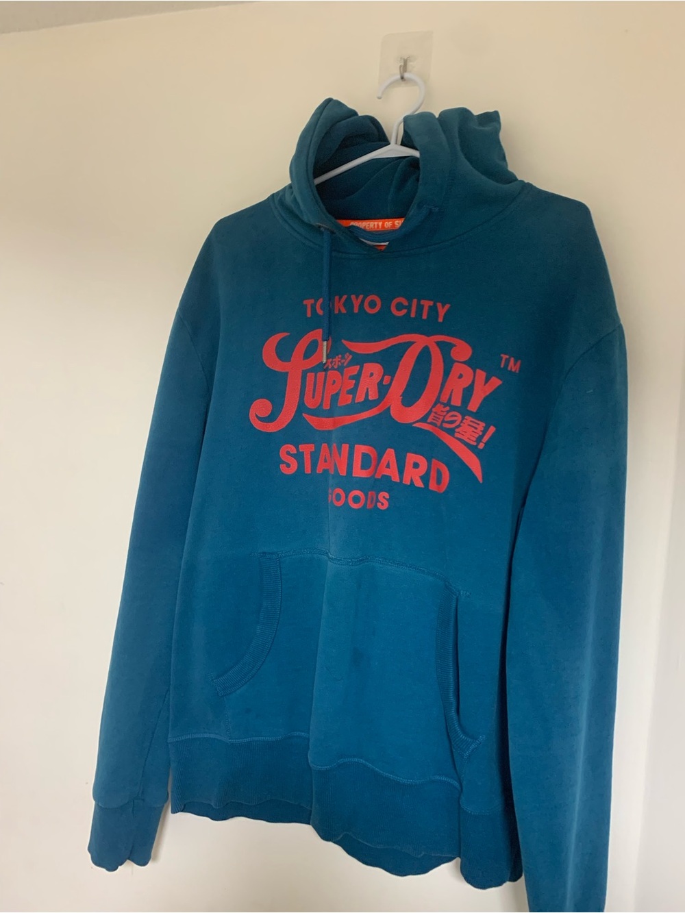 Superdry Men's Teal Crewneck Hoodie with Red Logo